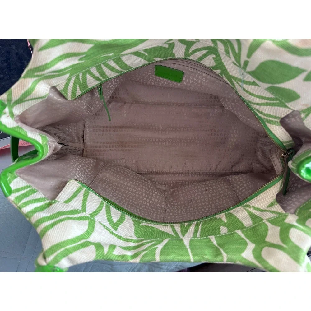 Kate Spade Green Tropical Leaf Print Canvas Tote Bag Patent Leather Trim